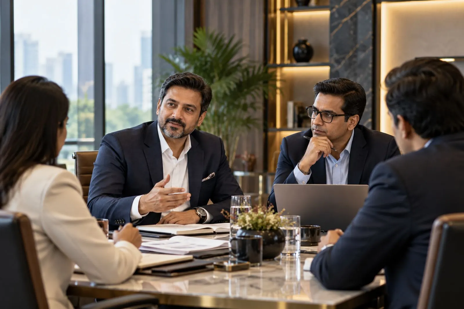 An advisor in a boardroom discussion with leadership