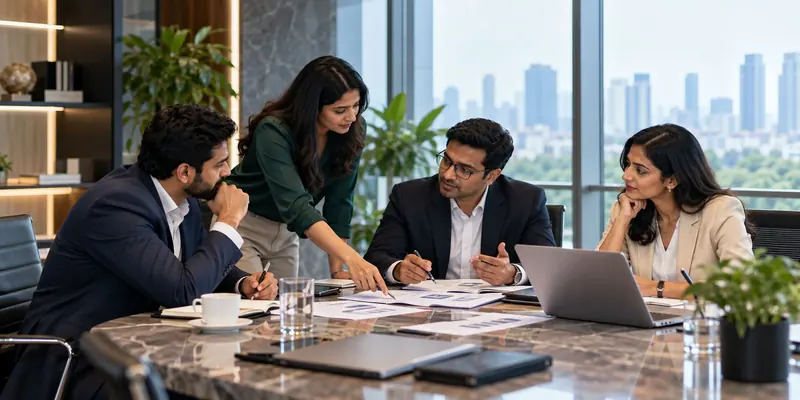 A financial services leadership team reviewing results