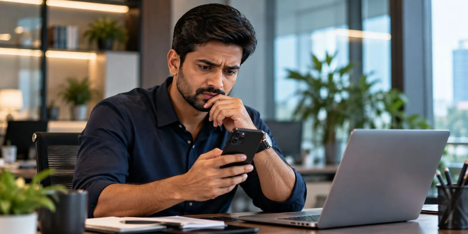 A job seeker checking a message on his phone