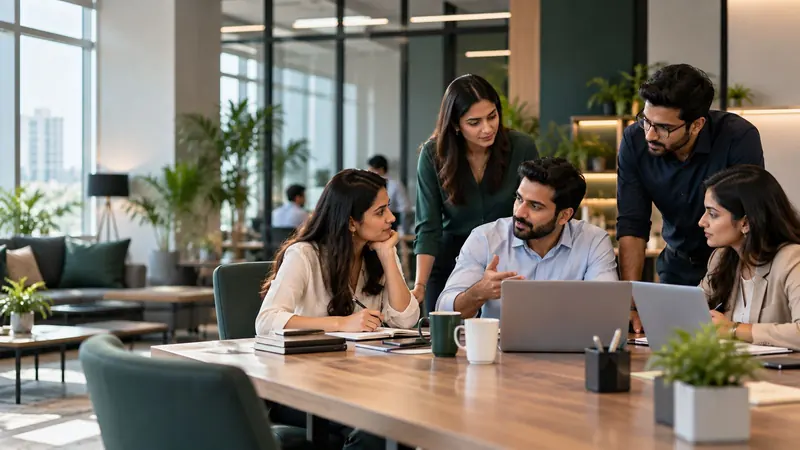 A startup team collaborating around a laptop