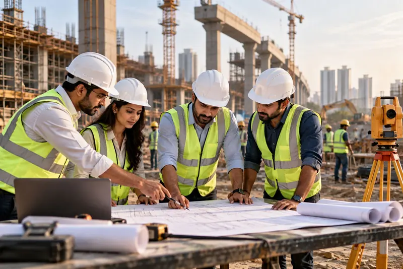 Site engineers reviewing drawings at a construction project