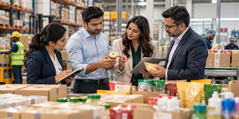 An FMCG team reviewing products in a warehouse