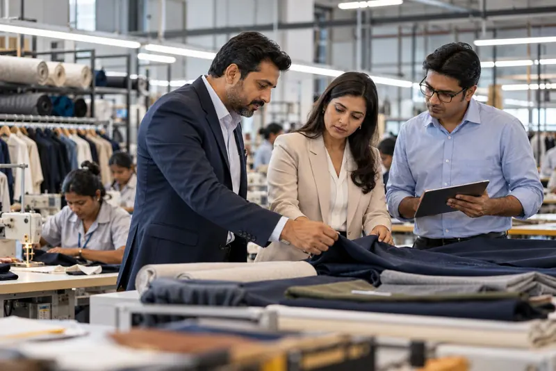 Managers reviewing fabric on a garment factory floor