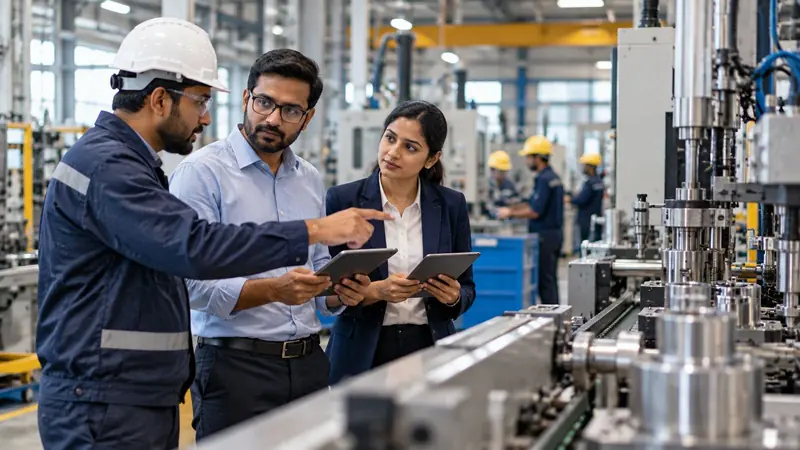Consultants with a plant team on a manufacturing shop floor