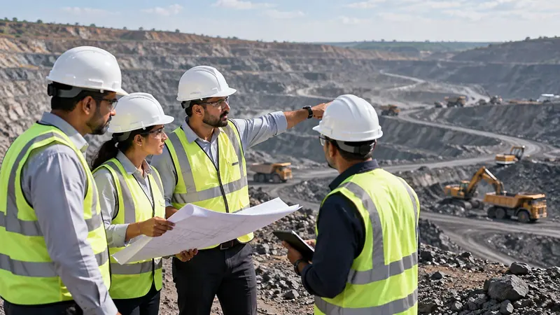 Engineers reviewing plans at an open-cast mine