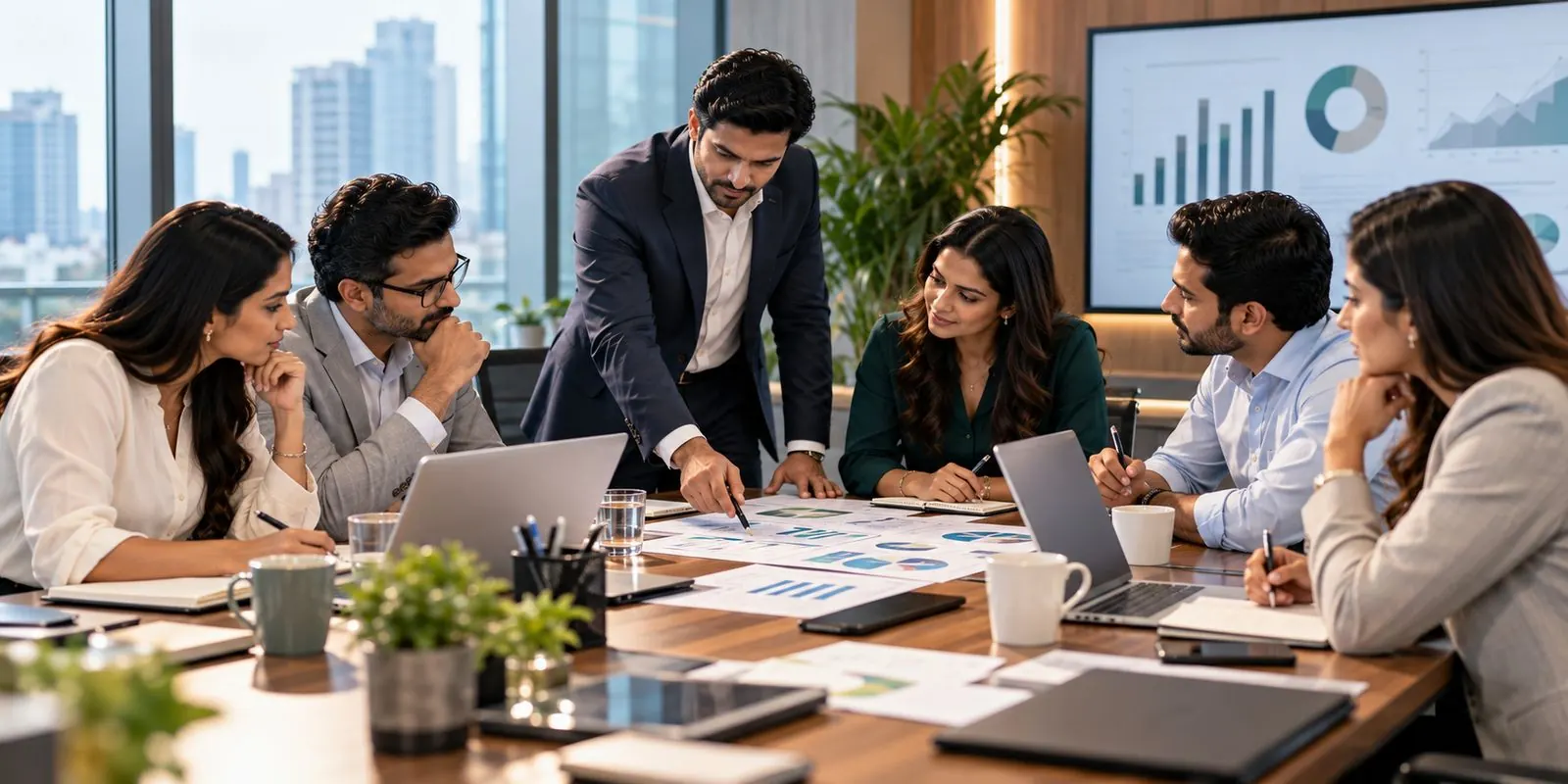 A performance review with charts on screen