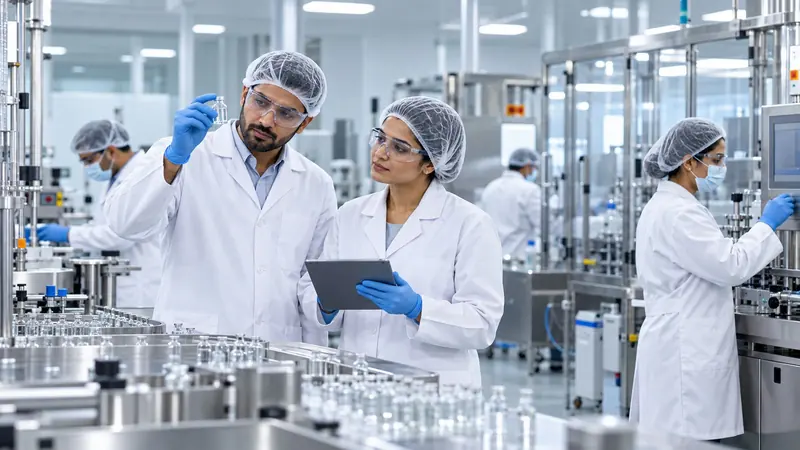 Quality team inspecting vials in a pharmaceutical plant