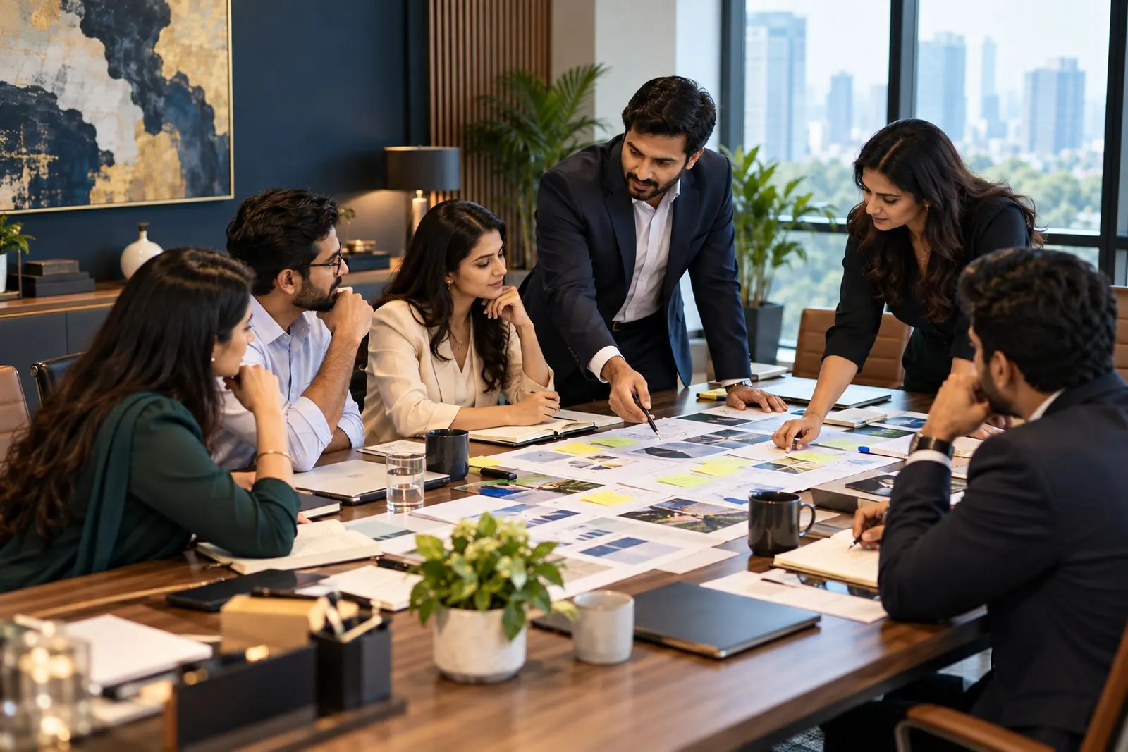 A team reviewing research on a meeting table